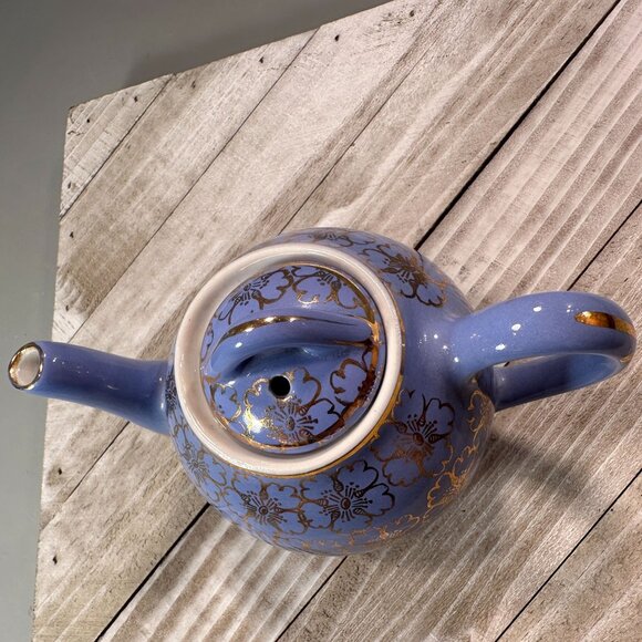 Hall China French Floral Ceramic Teapot Periwinkle Vintage USA Lid 2 Cups - Picture 10 of 13